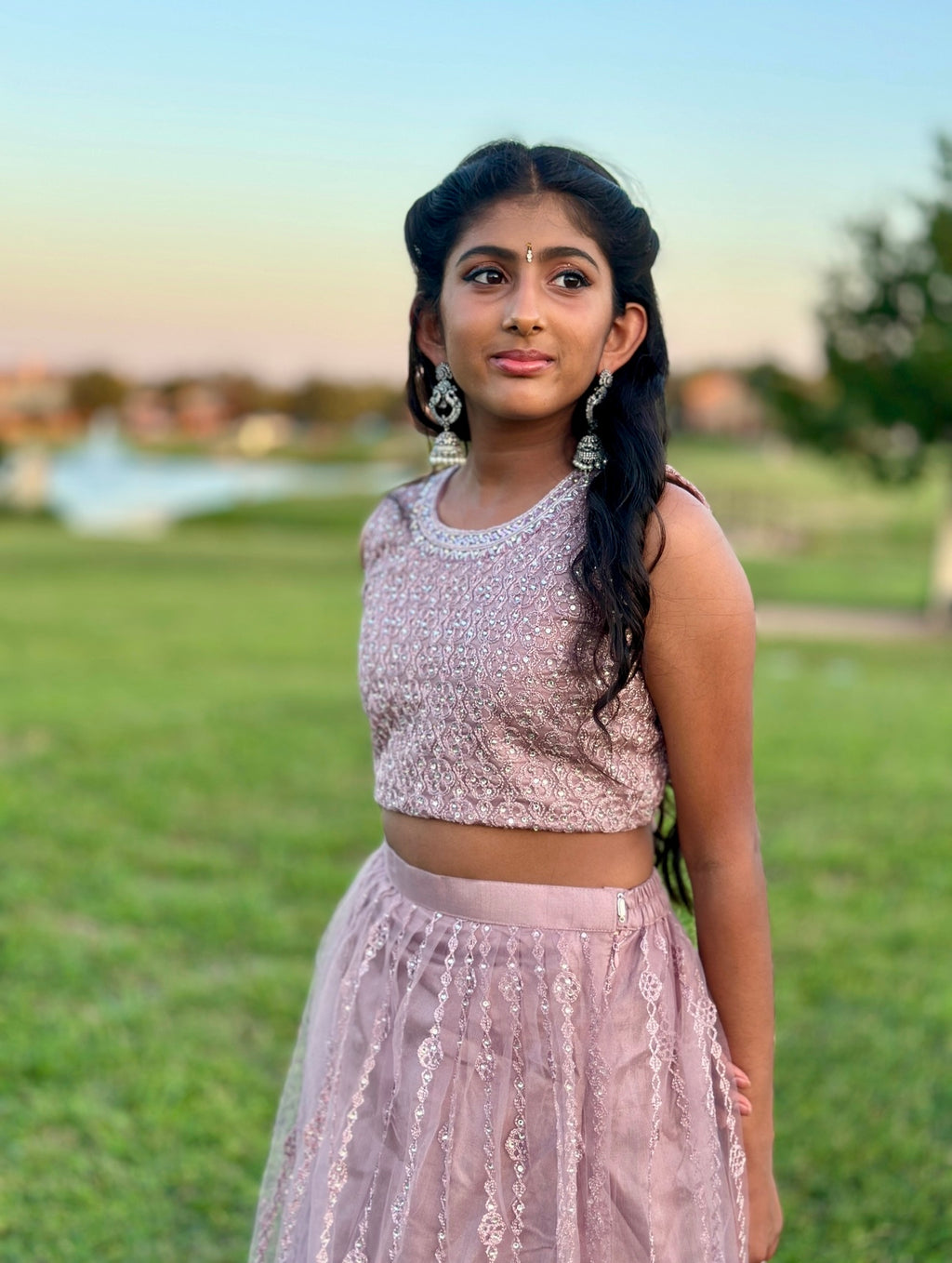 Lilac lehanga set with emroidery on neck
