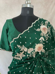 Bottle green Organza silk saree with 3D embroidery , with stitched blouse