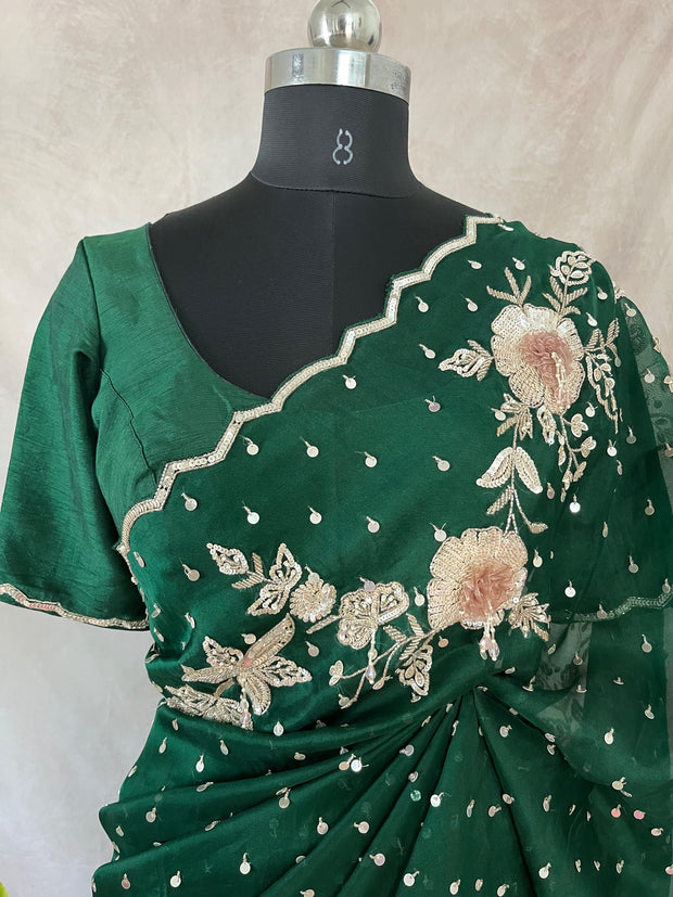 Bottle green Organza silk saree with 3D embroidery , with stitched blouse