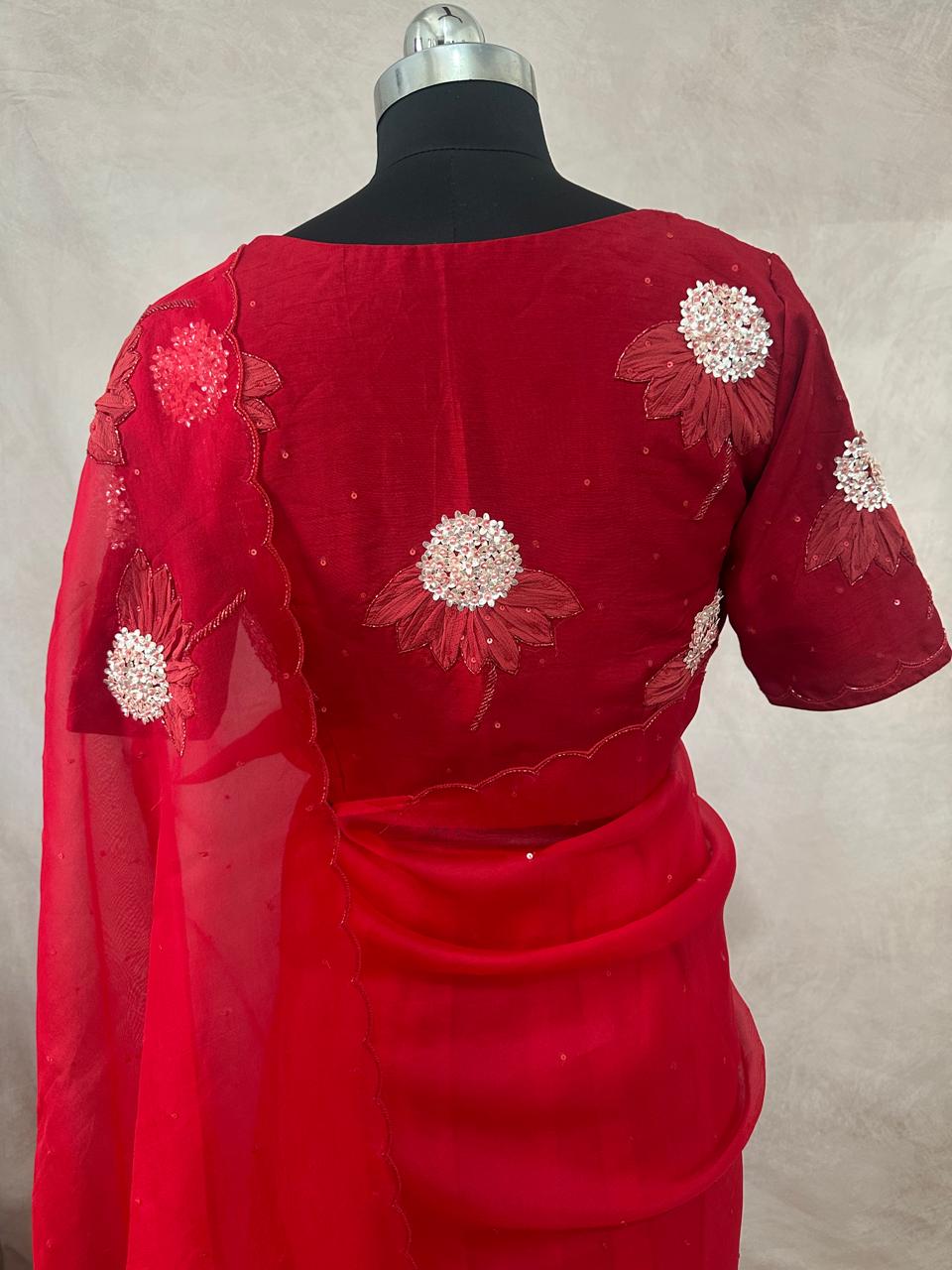 Red Organza silk saree with emroidery , stitched blouse