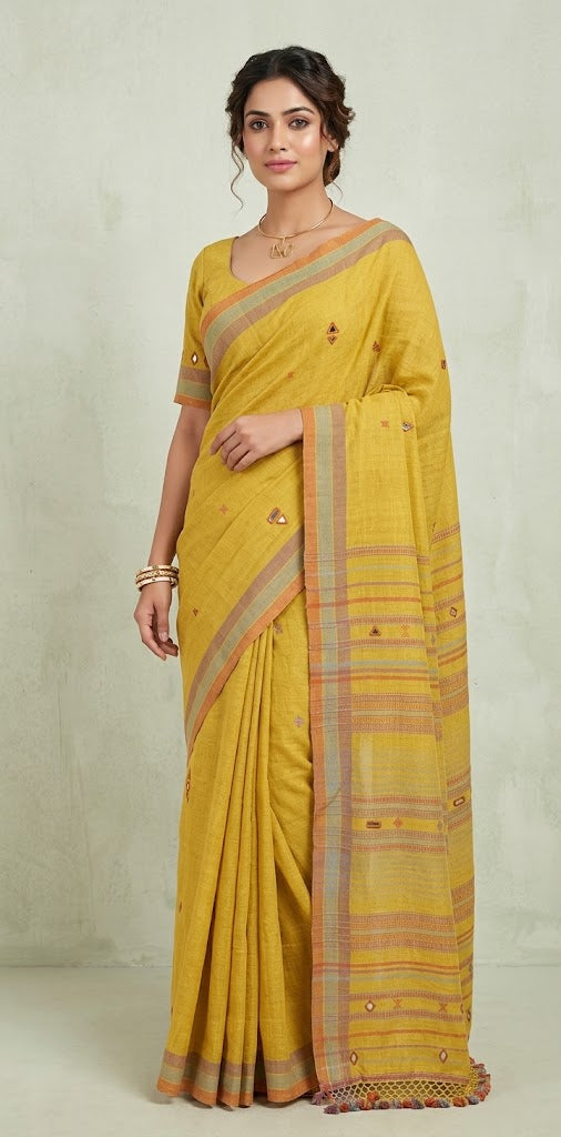Organic Kala cotton handloom saree with mirror work , stitched blouse