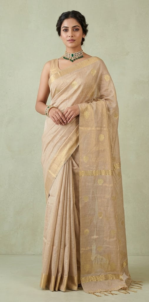 Handloom Gold cotton tissue saree with lotus jamdani weave ,