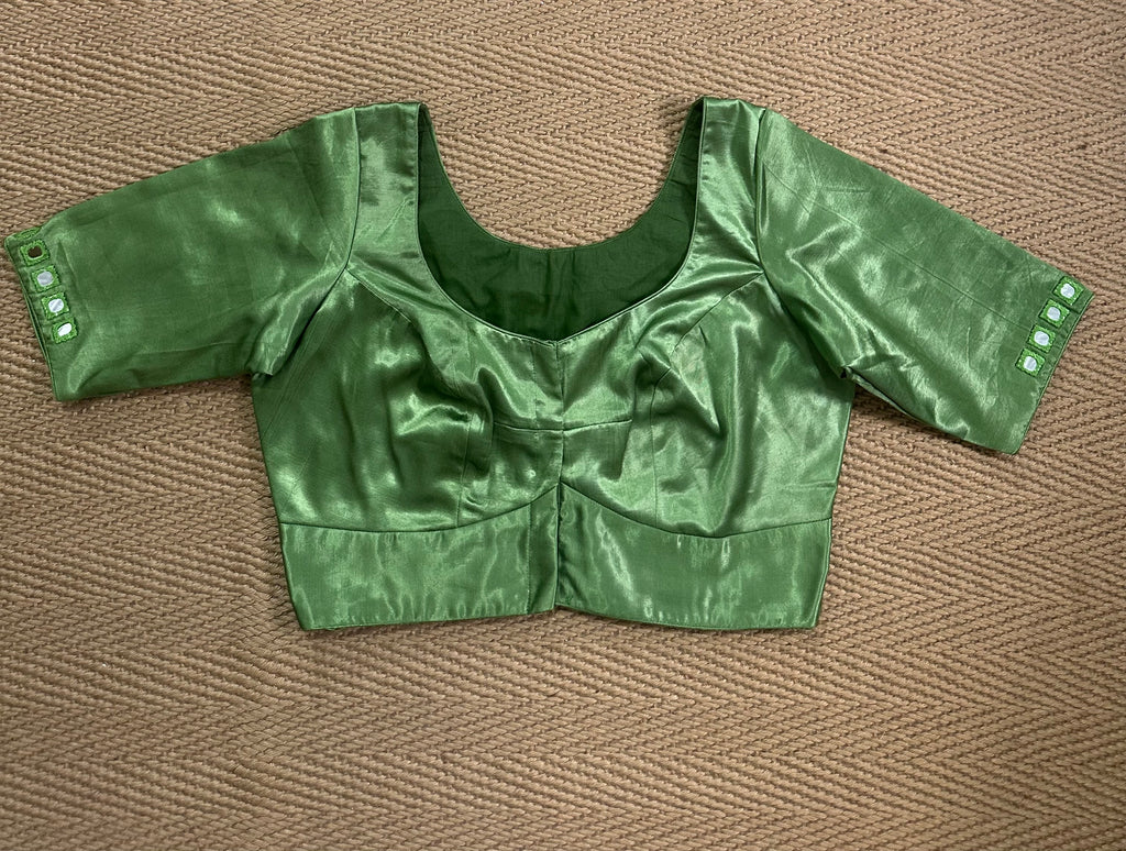 Light green modal silk blouse with mirror work