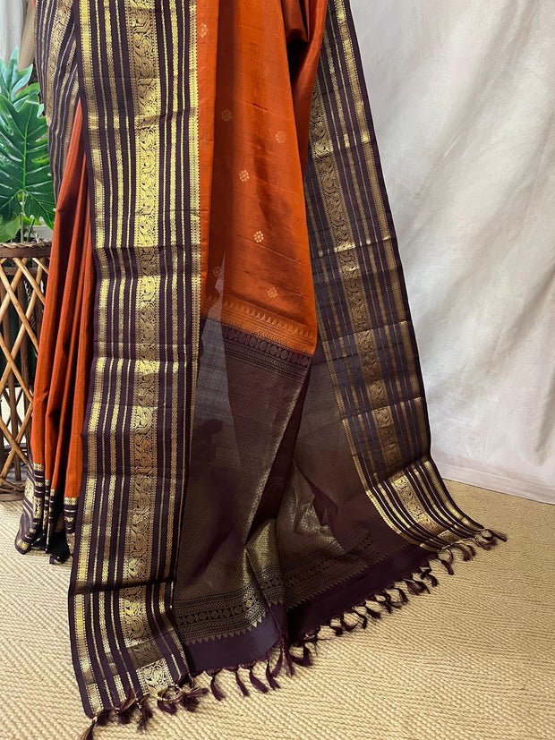 Orange and brown combo kanchivaram silk saree with stitched blouse