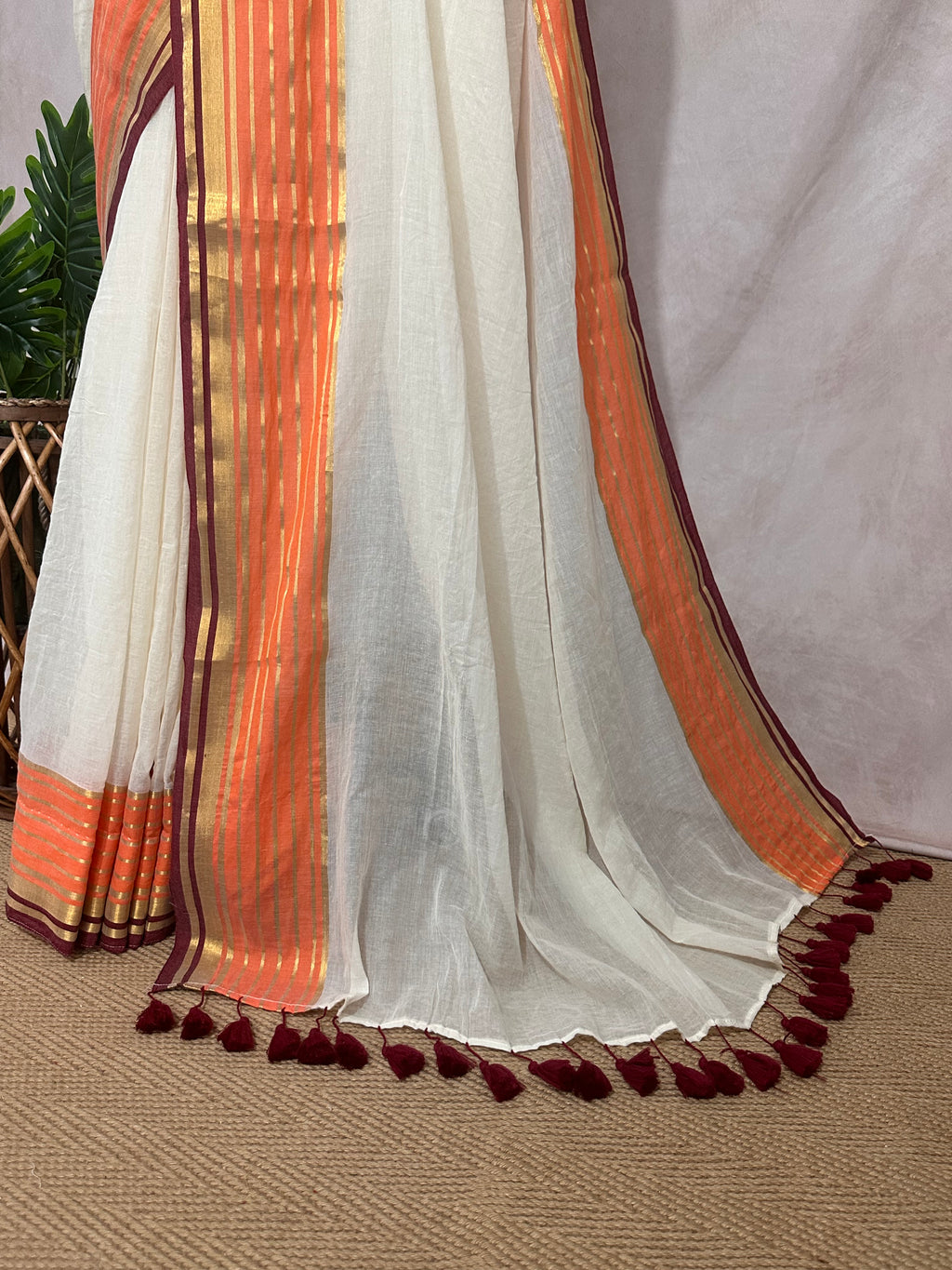Maroon and orange border 120 count mulcotton saree