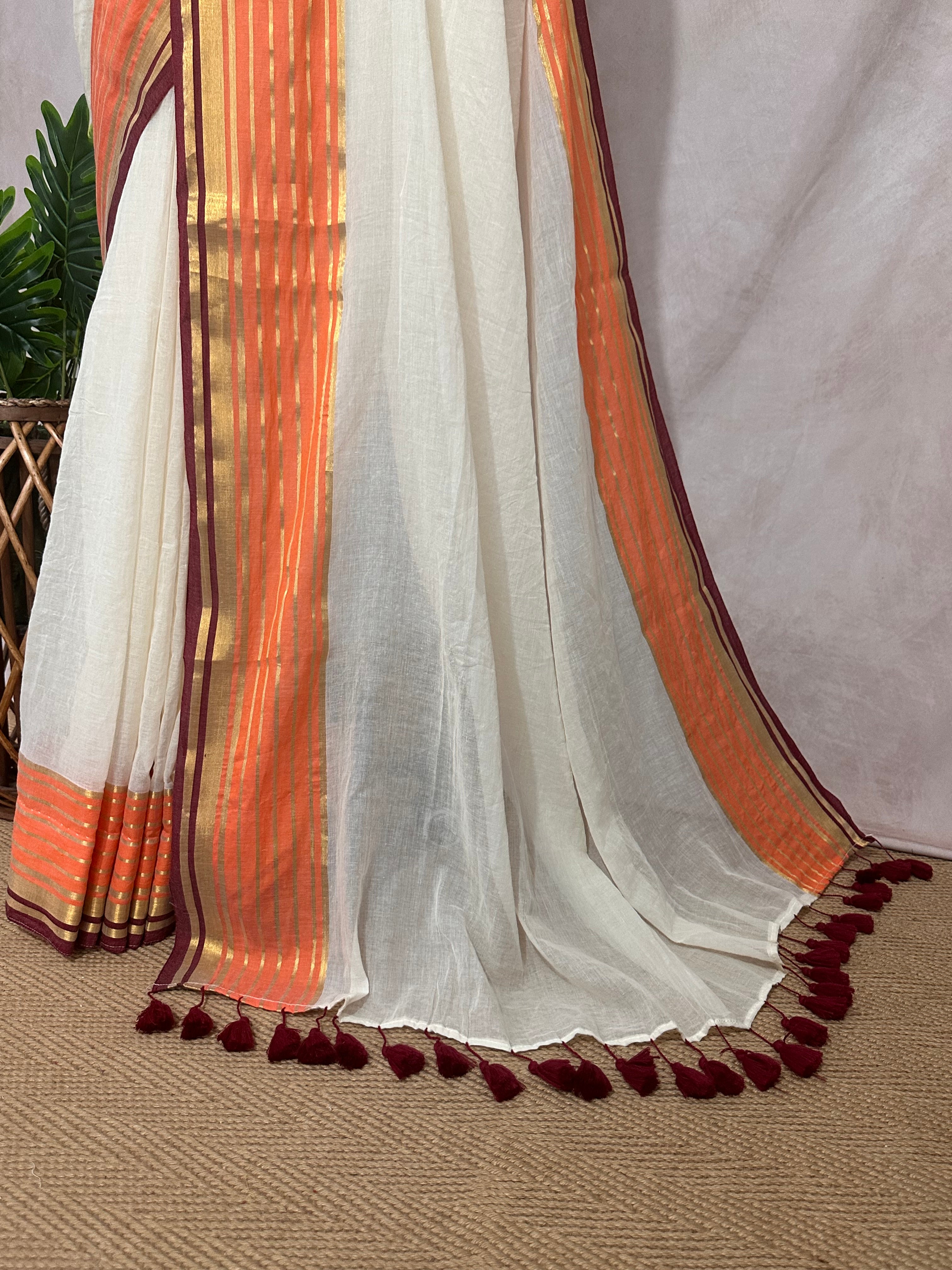 Maroon and orange border 120 count mulcotton saree