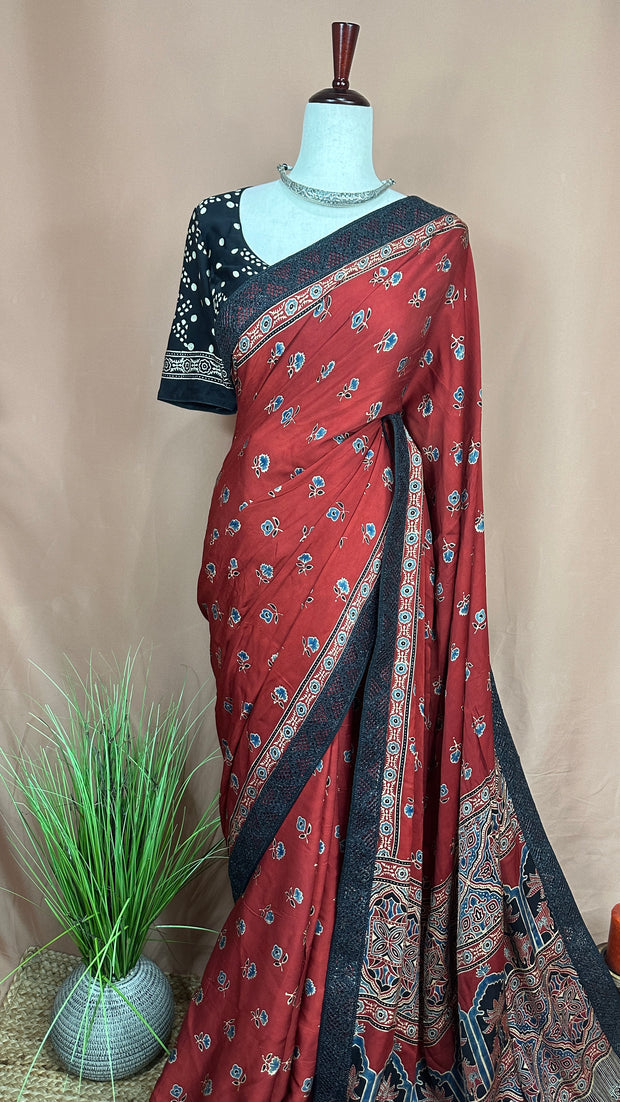 Red ajrakh hand blocked printed designer modal silk saree with stitched blouse