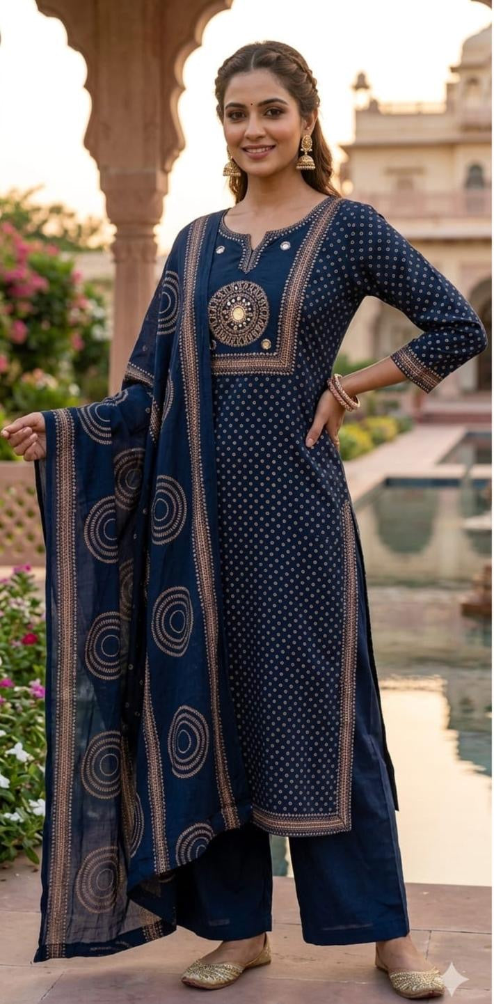 Navy blue cotton kurti with bottom dupatta