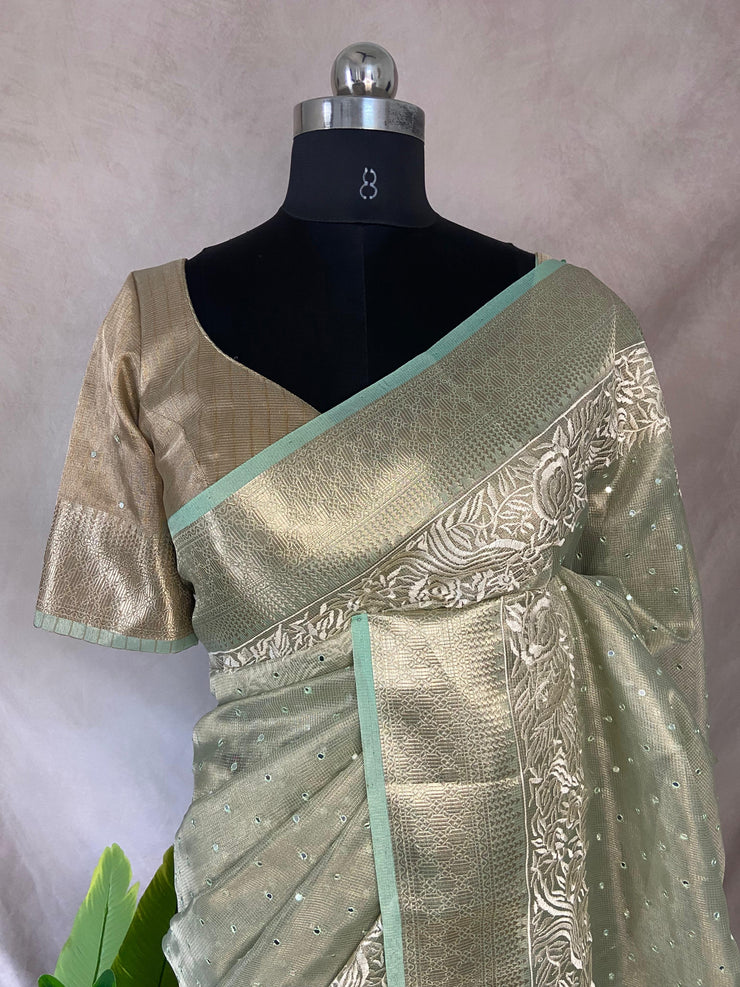 Light green Tissue Kotta silk saree with mirror and chikankari work, with stitched blouse