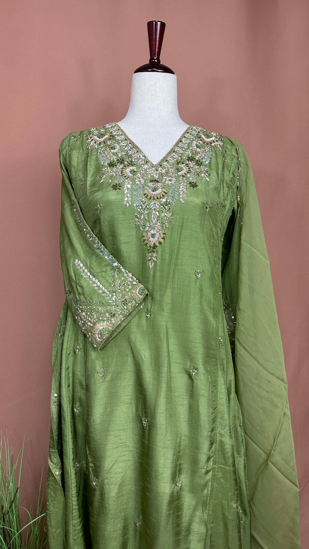 Olive green silk kurti set with hand embroidery