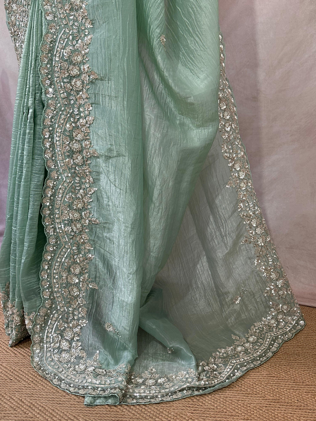 Crushed tissue designer saree with stitched blouse and under skirt