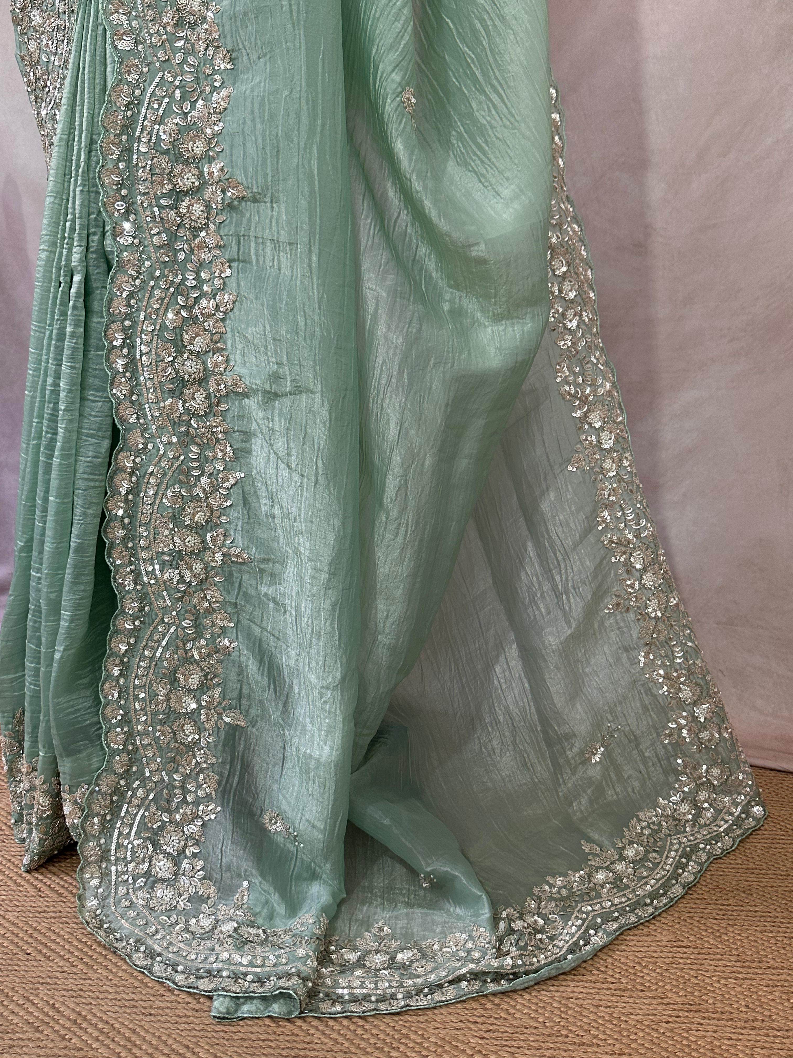 Crushed tissue designer saree with stitched blouse and under skirt