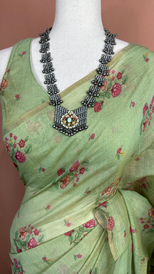 Tissue chanderi printed cotton saree with stitched blouse