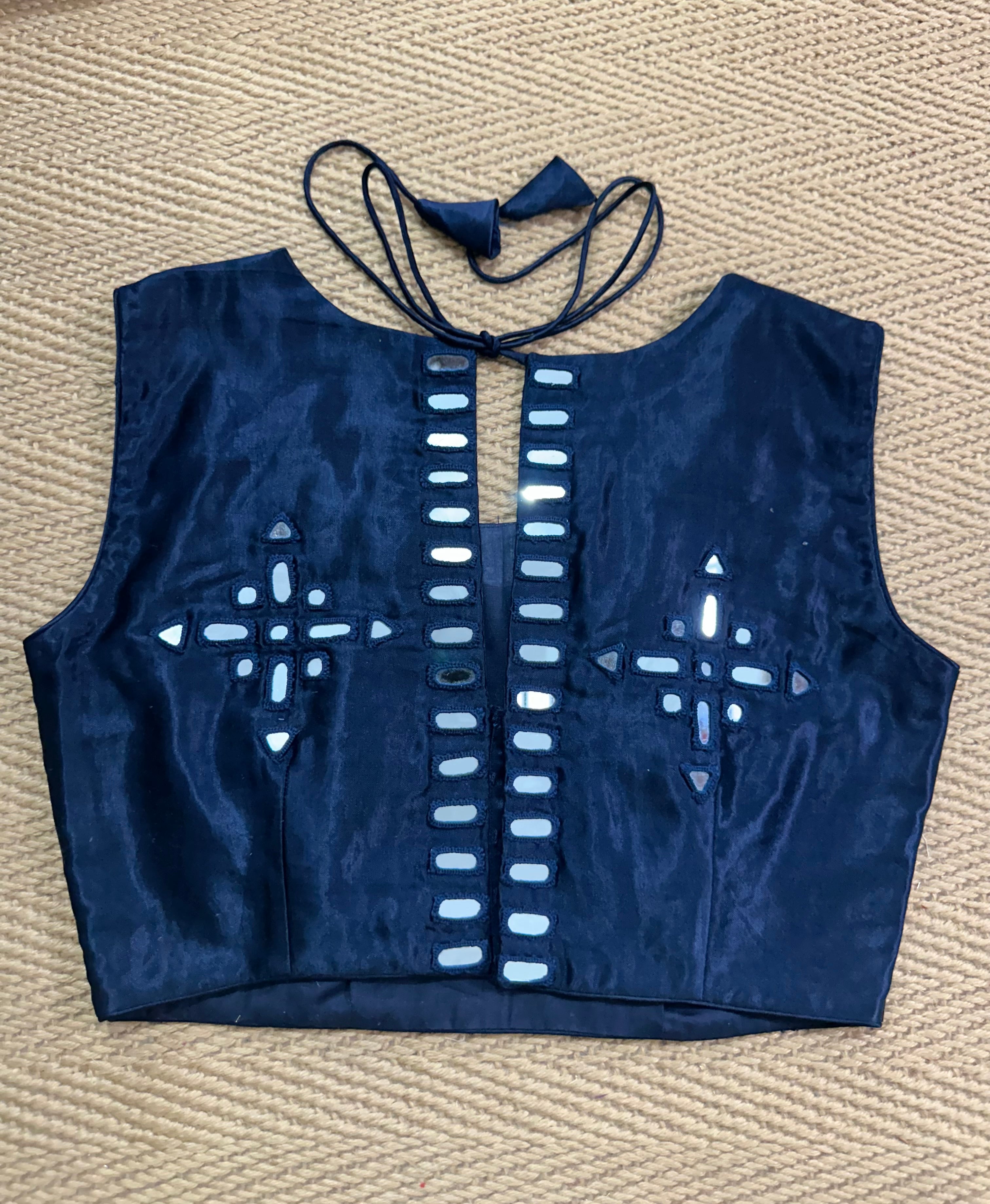 Navy blue modal silk blouse with mirror work