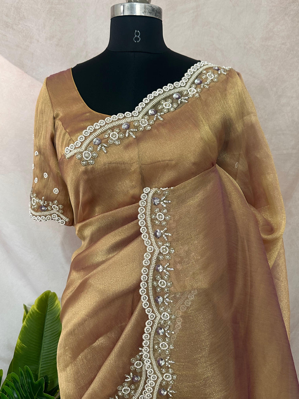 Tissue designer saree with stitched blouse and under skirt