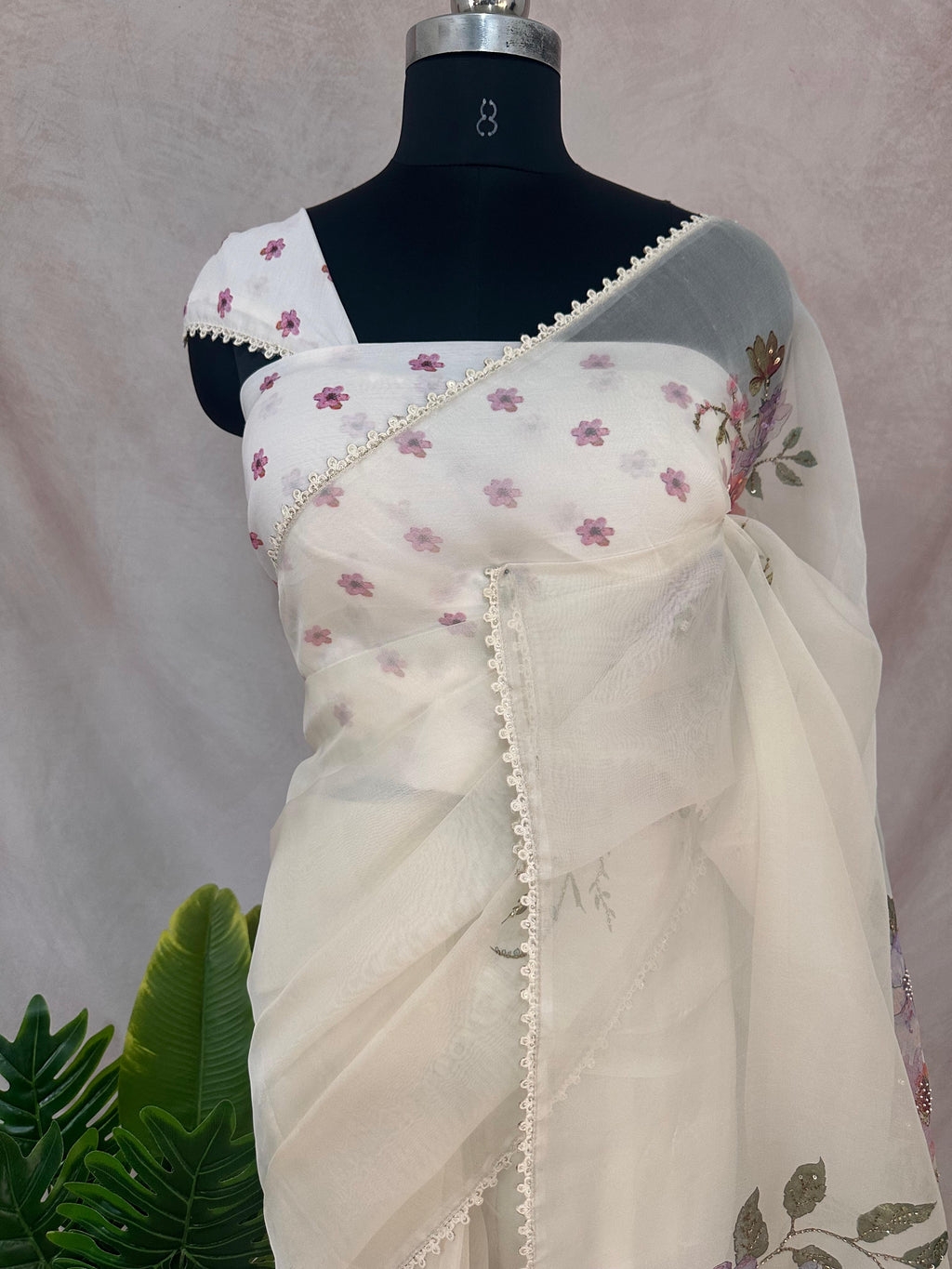Silk organza saree with digital print and highlighted with bead work, with BP