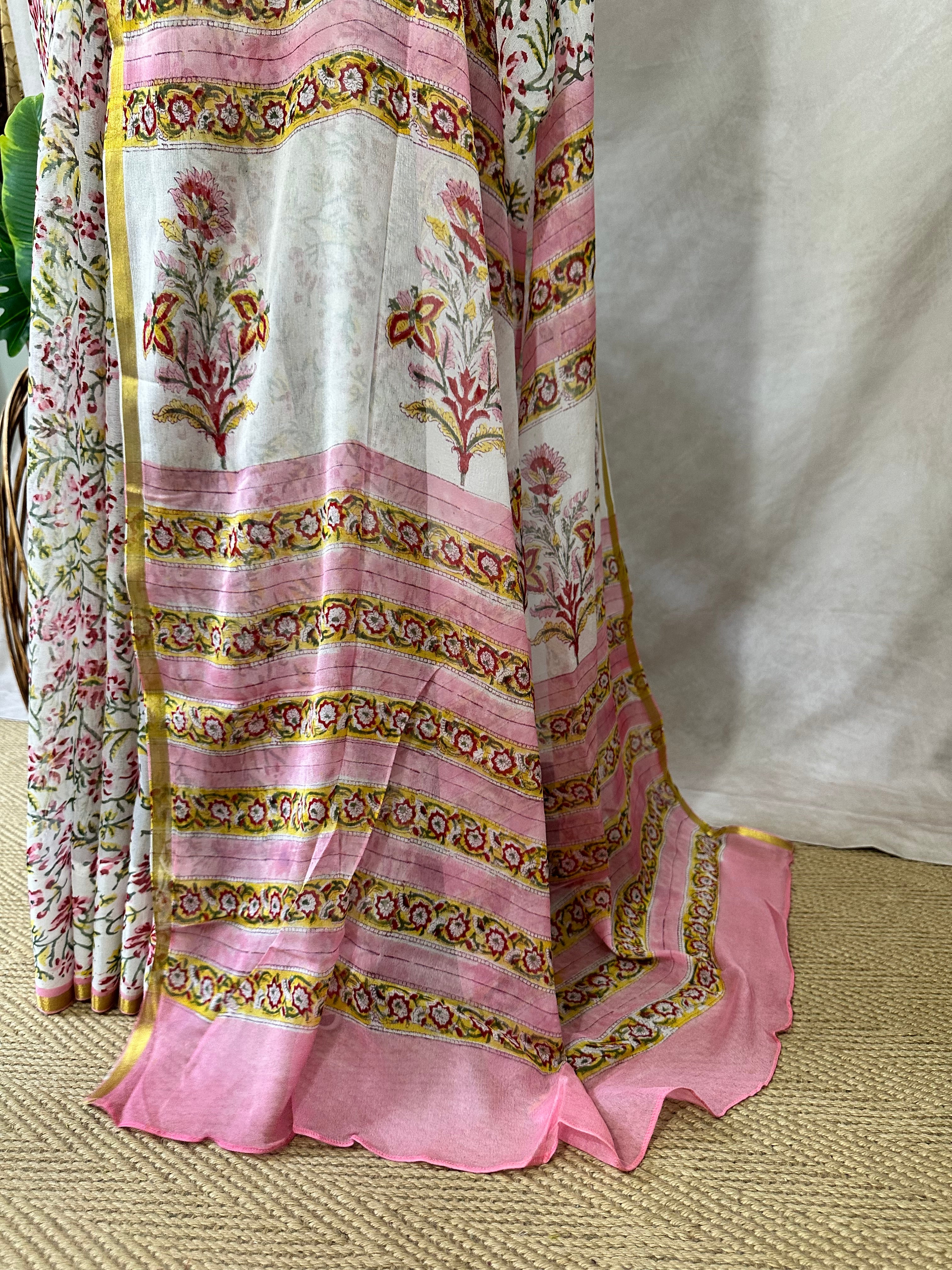 Premium handblock printed Pure Chiffon saree , with BP