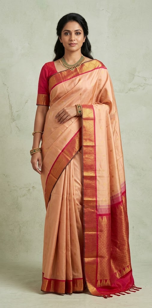Handloom sandal kanchivaram pure silk saree with pink korvai border