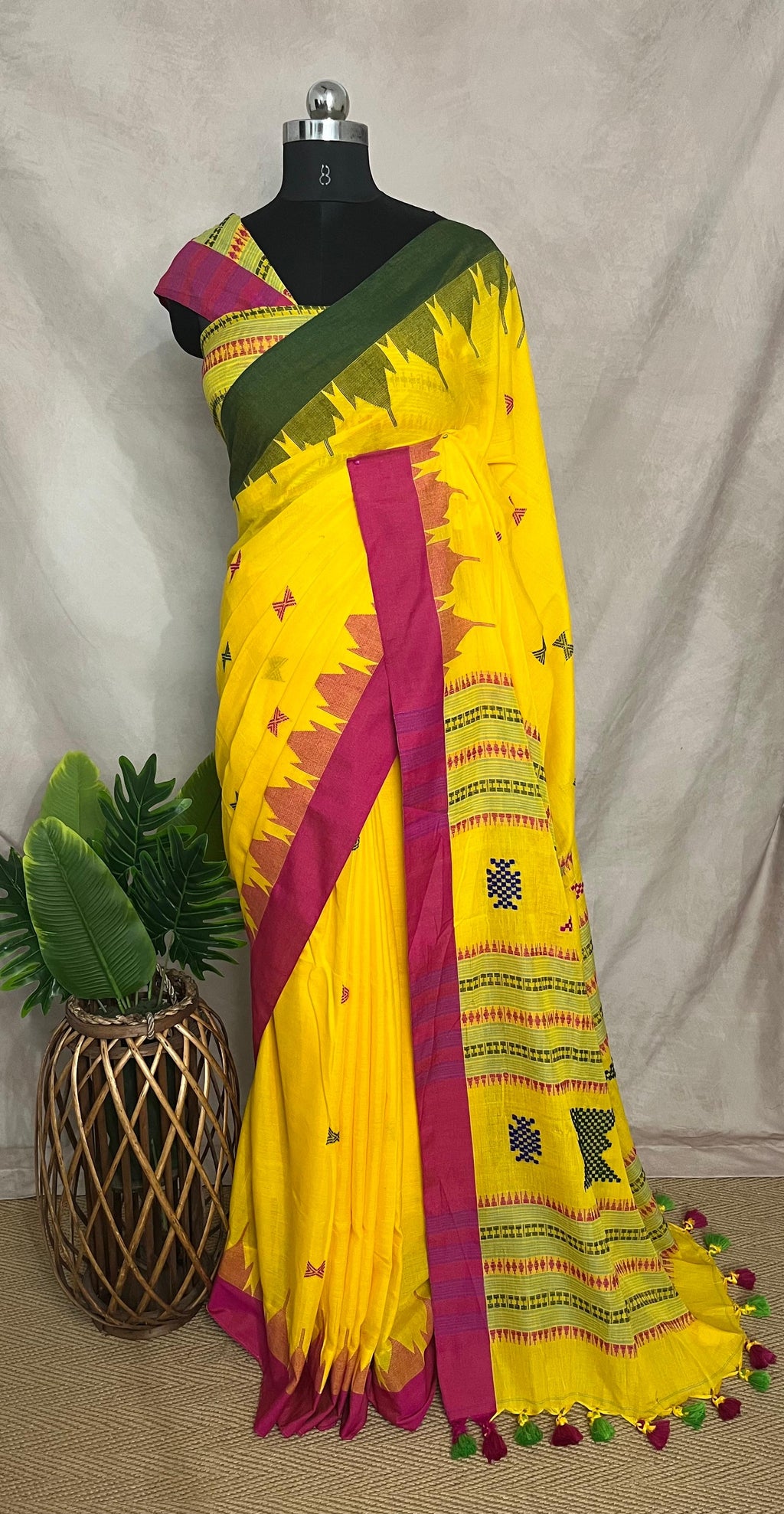 Yellow handloom cotton saree with temple border and stitched blouse