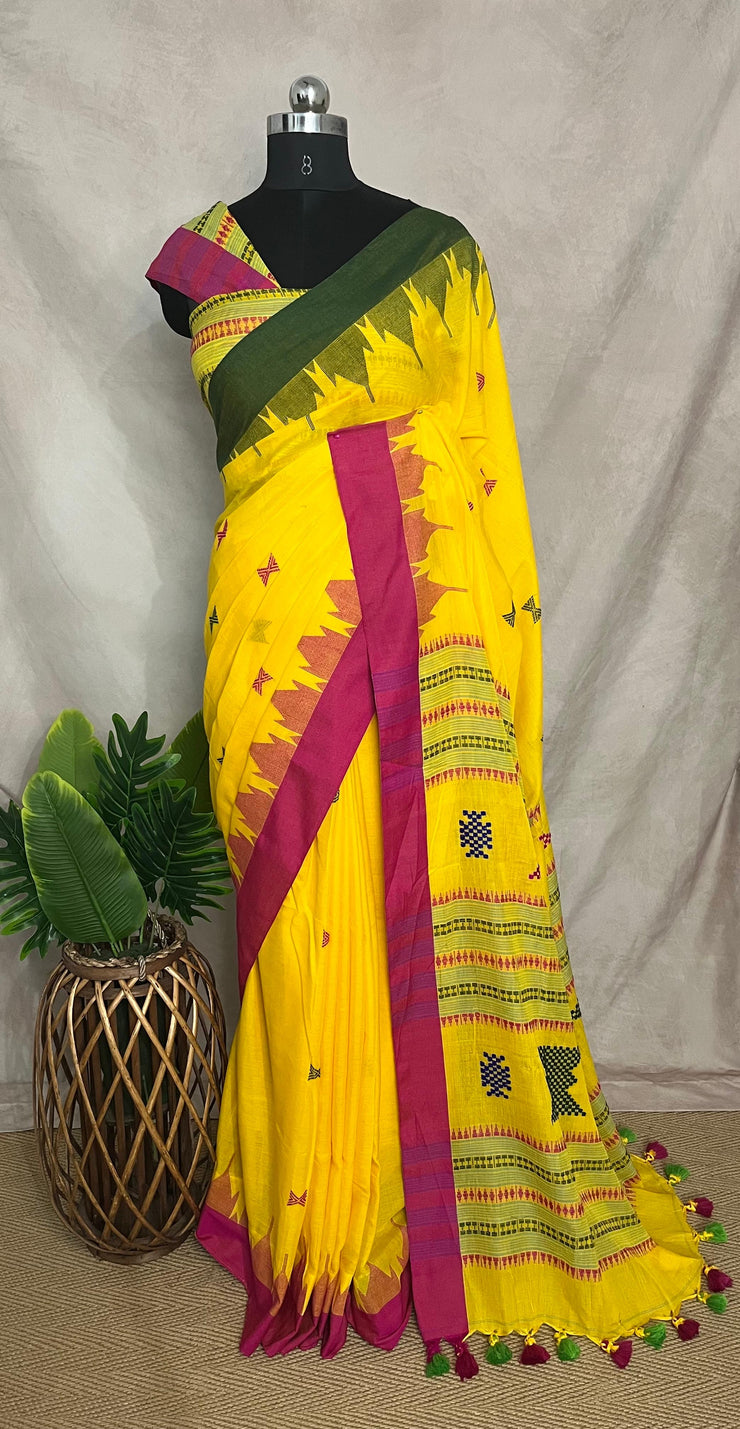 Yellom handloom cotton saree with temple border and stitched blouse