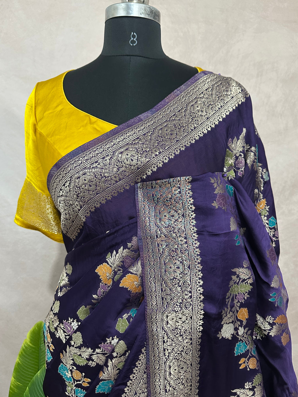 Semi crepe georgette saree with meenakari weave and contrast bllouse