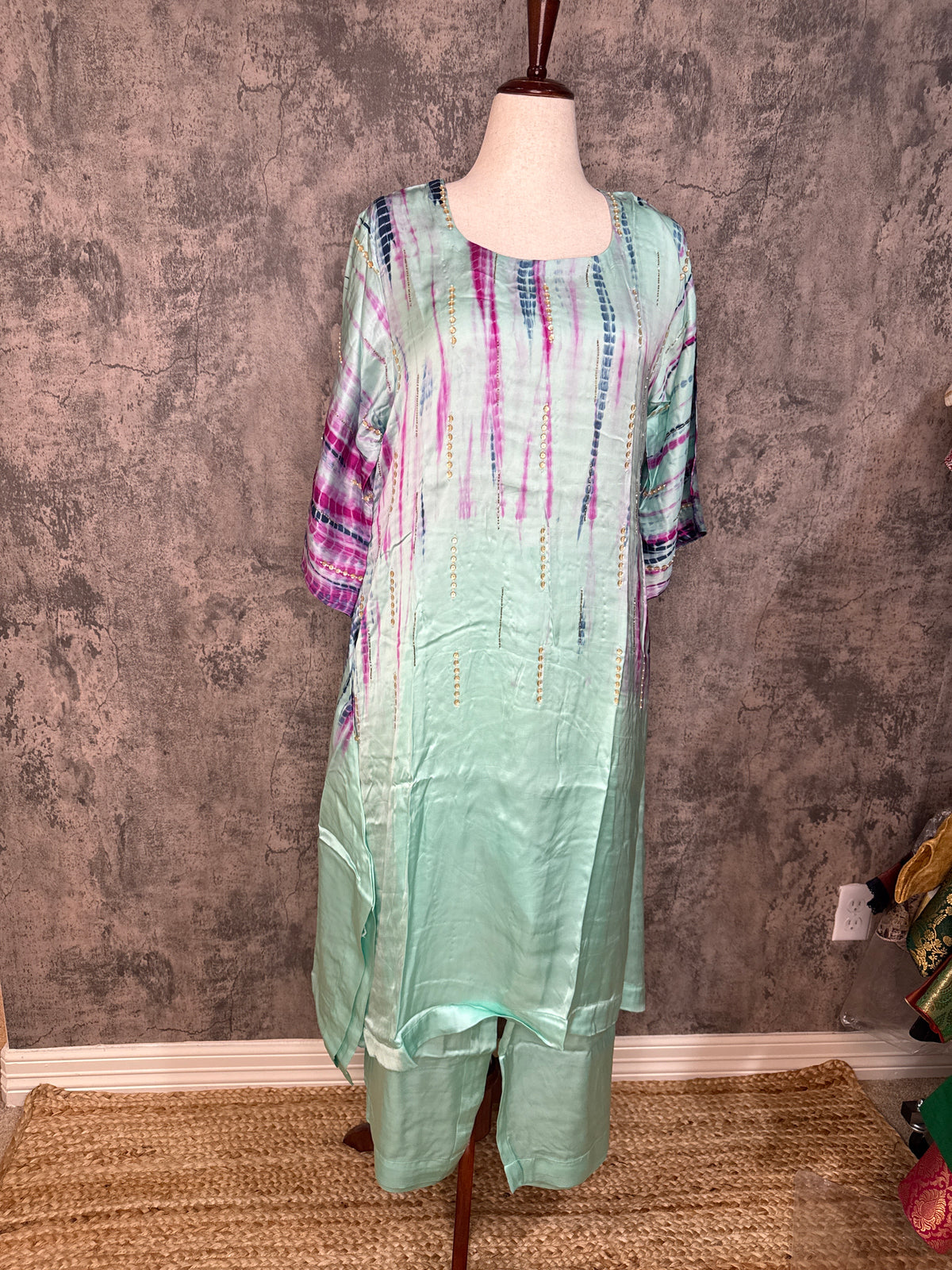Modal silk shibori designer kurti with handwork and bottom
