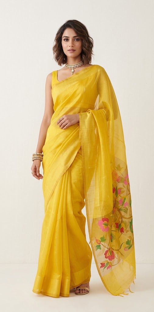 Pure silk linen saree with jamdani weave and stitched blouse