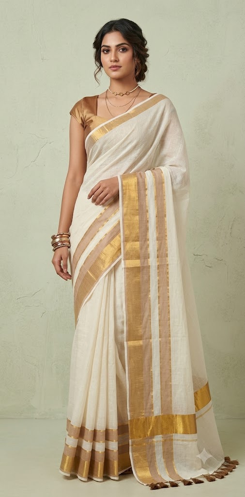 Gold 120 count mulcotton saree with zari lines