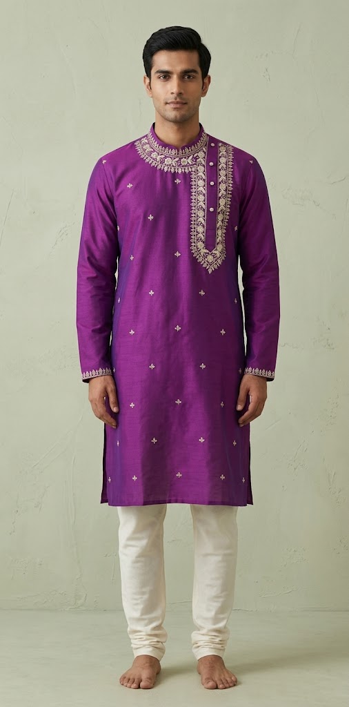 Eggplant cotton silk kurta with side neck open and emroidery