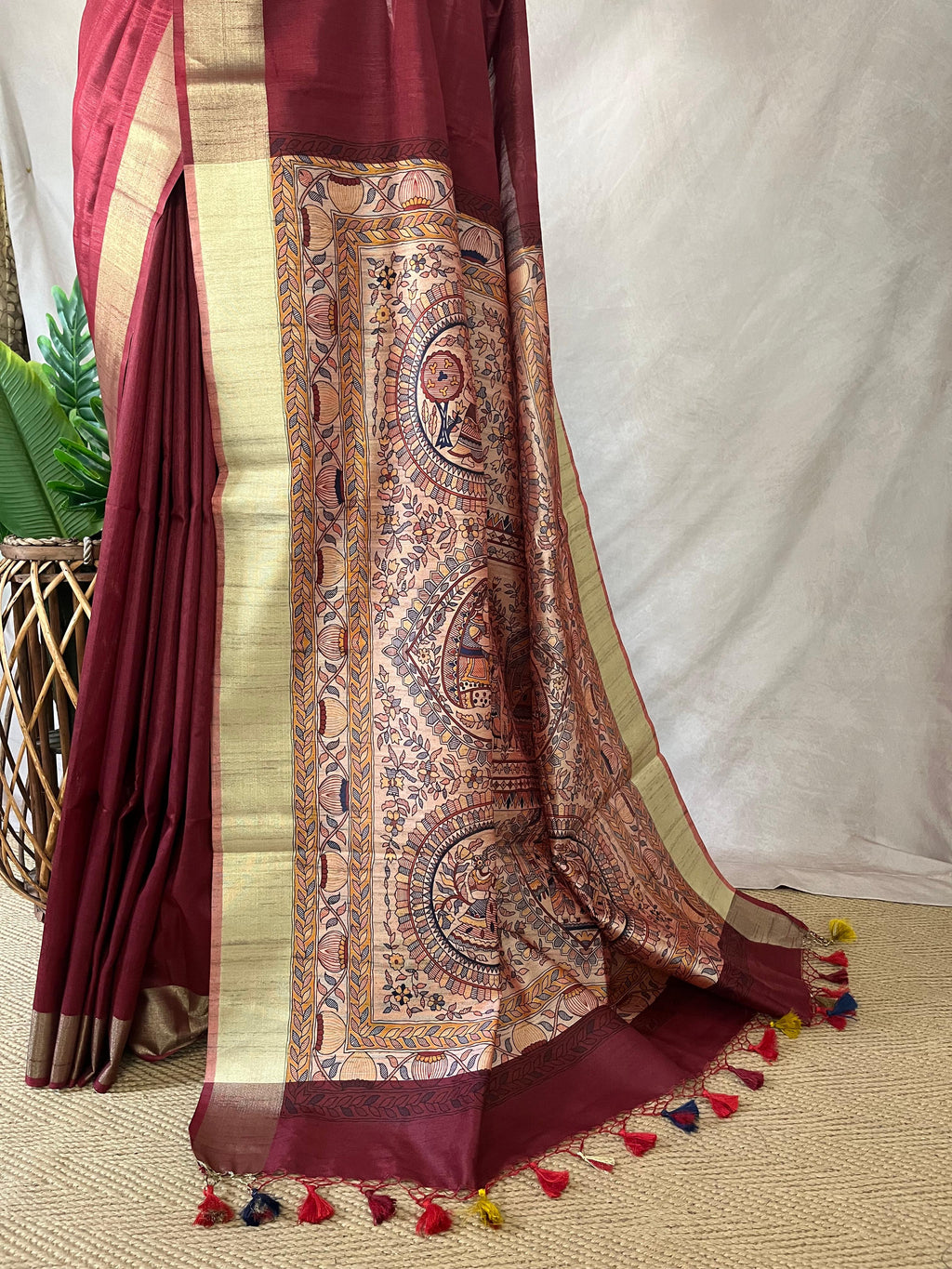 Semi Tussar silk saree with madubani print on pallu, with BP