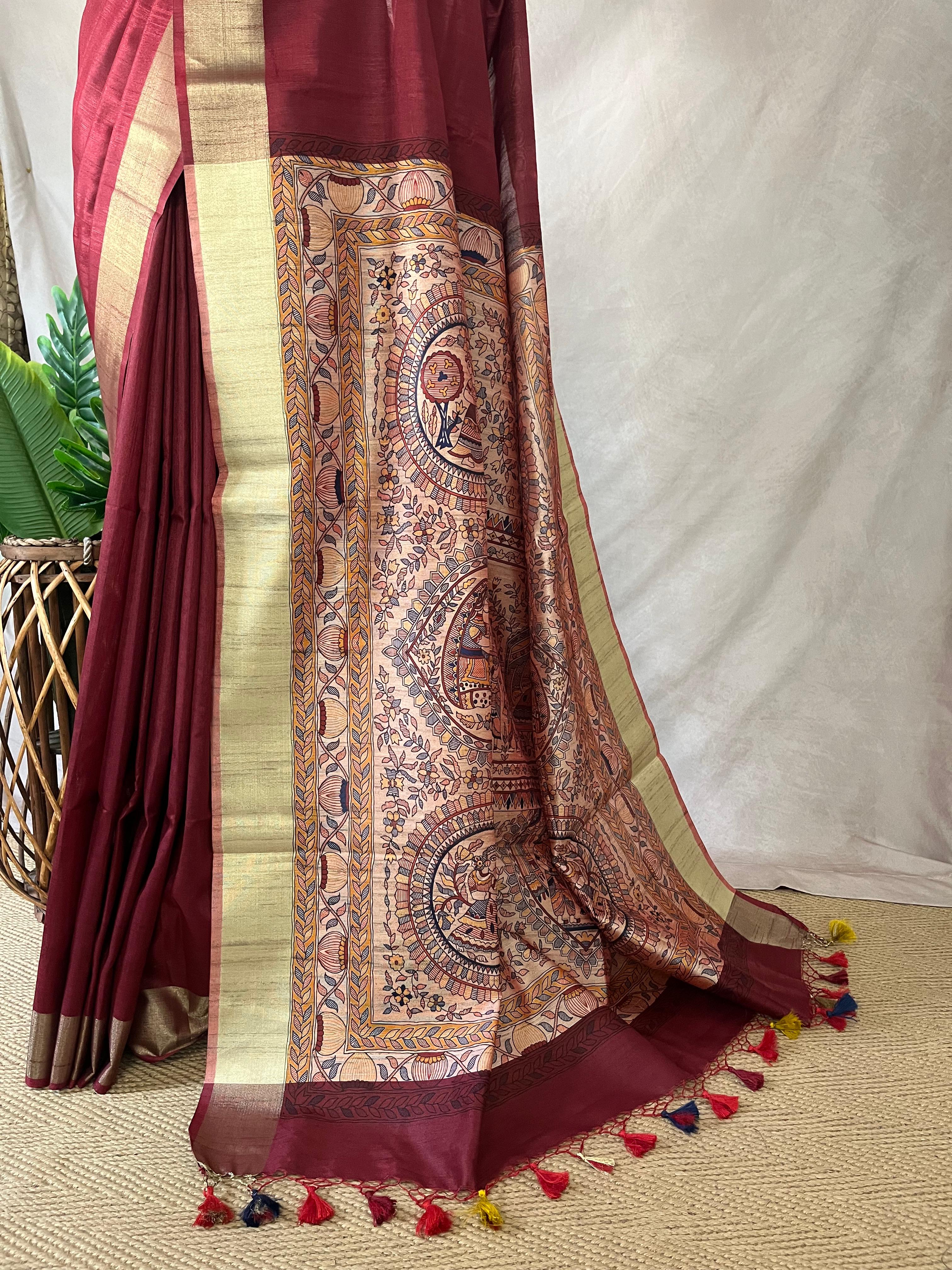 Semi Tussar silk saree with madubani print on pallu, with BP