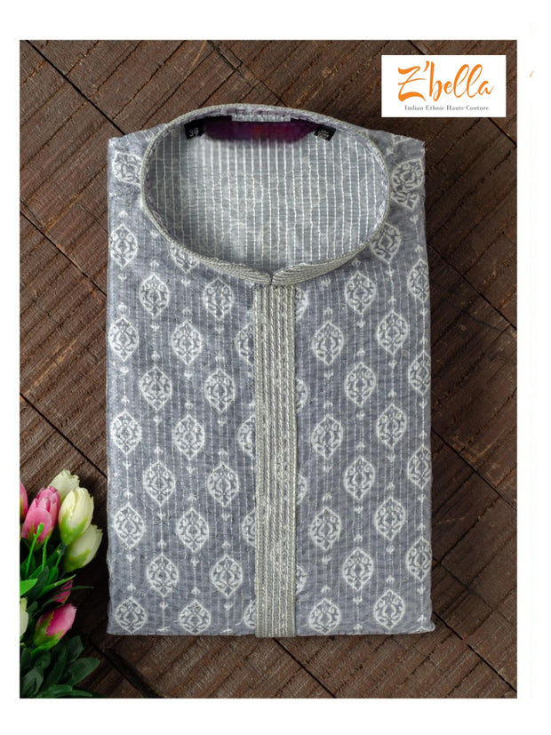 Light grey printed silk kurta with sequins work , with bottom