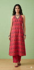 Hand blocked printed ajrakh Cotton halter neck kurti with hand mirror work and bottom