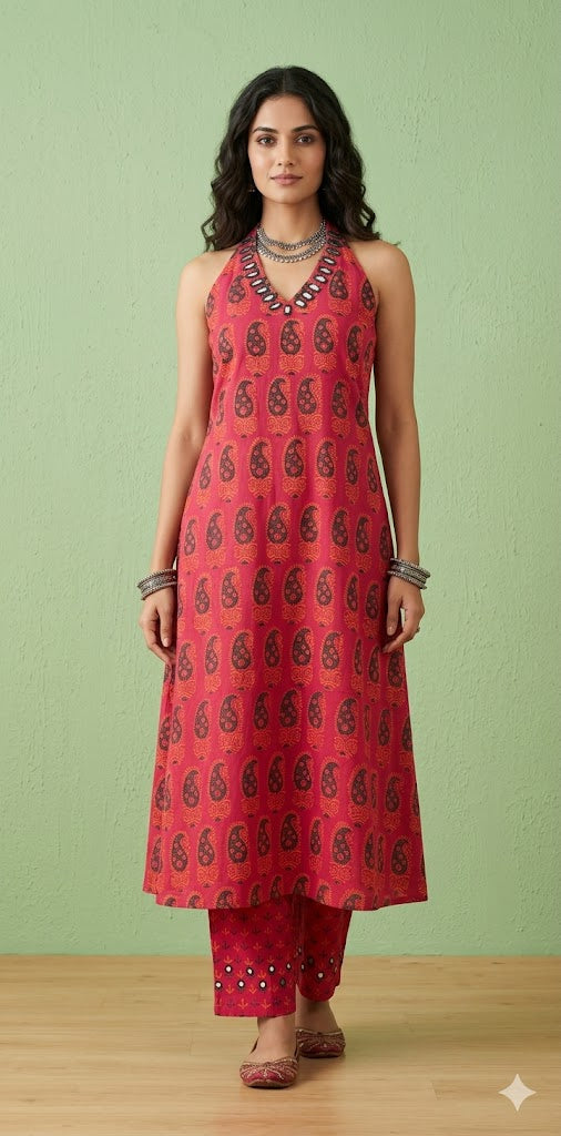 Hand blocked printed ajrakh Cotton halter neck kurti with hand mirror work and bottom