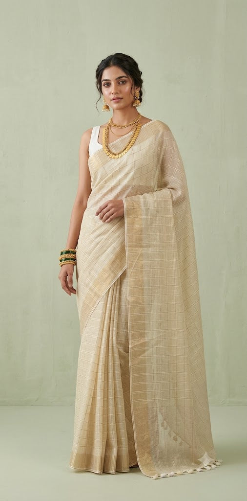 Linen saree with gold check and border