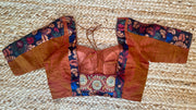 Rust color silk blouse with kalamkari patch work