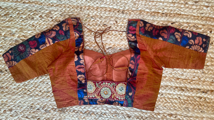 Rust color silk blouse with kalamkari patch work