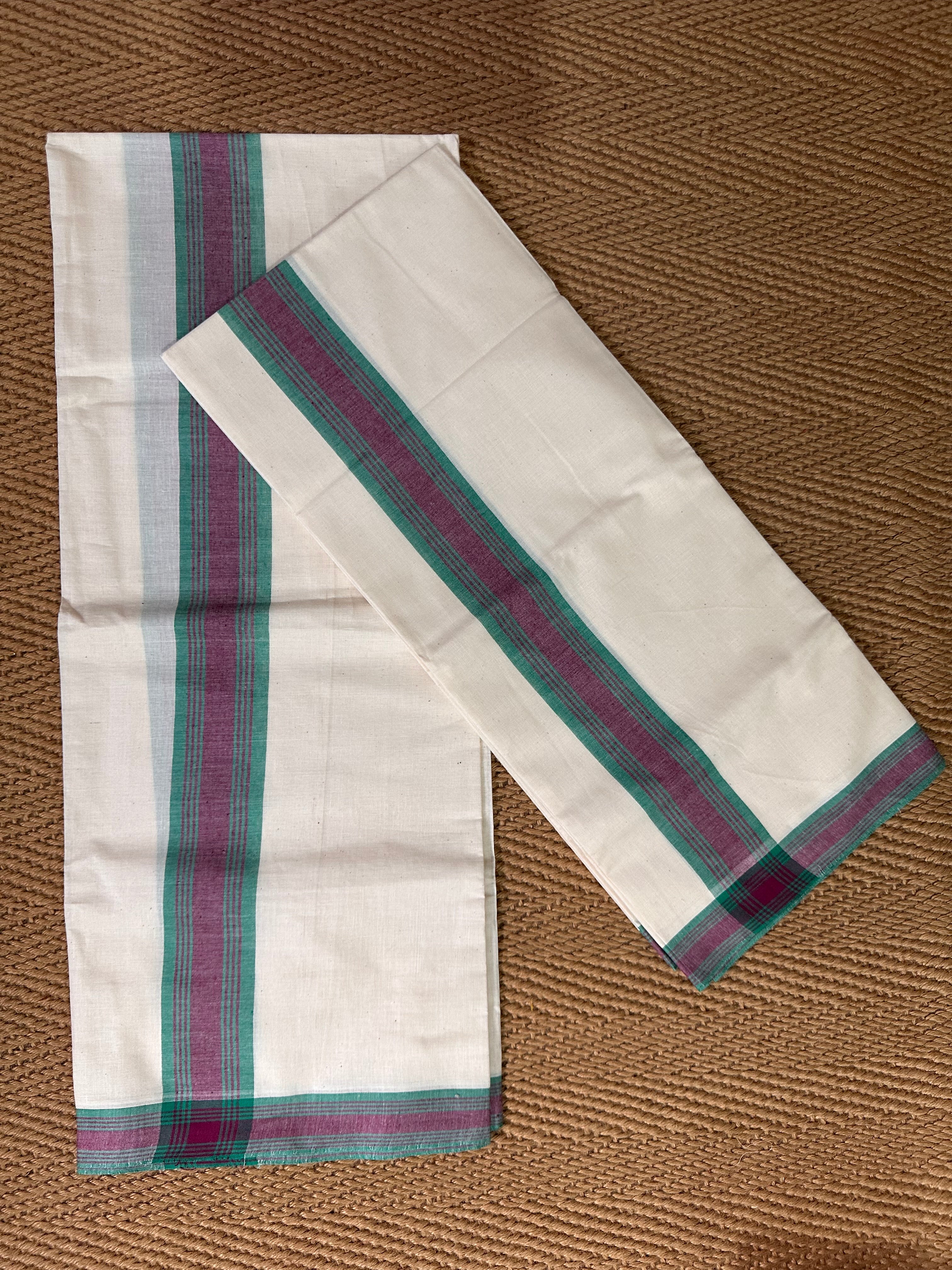 Green and Pink border mulloth set mundu