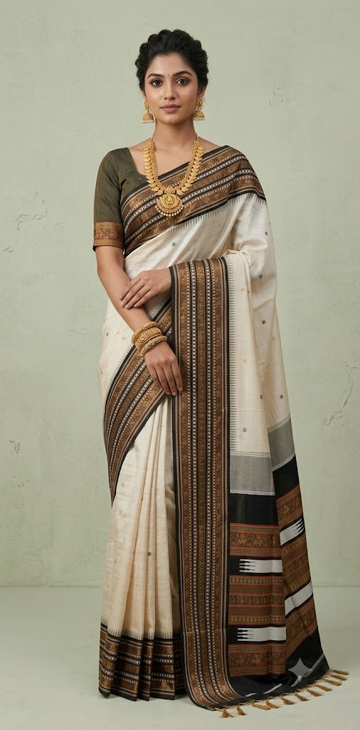 Asam silk saree with brown broder and stitched blouse