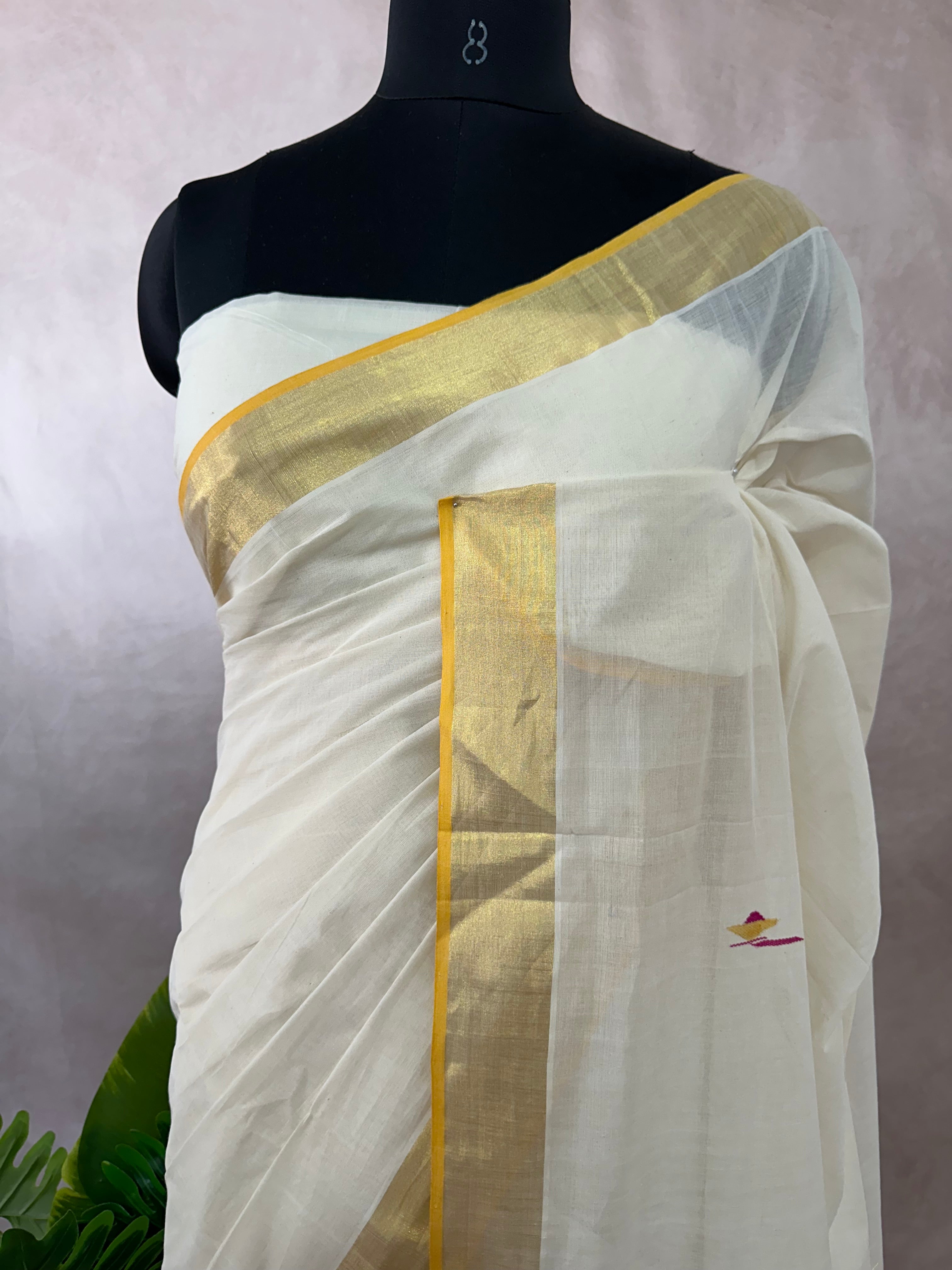 Balaramapuram handloom saree with multi color weave pallu and gold border