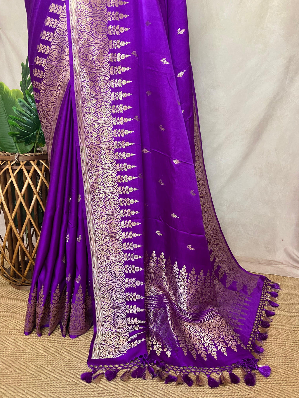 Pure Purple Mashru silk saree with stitched blouse