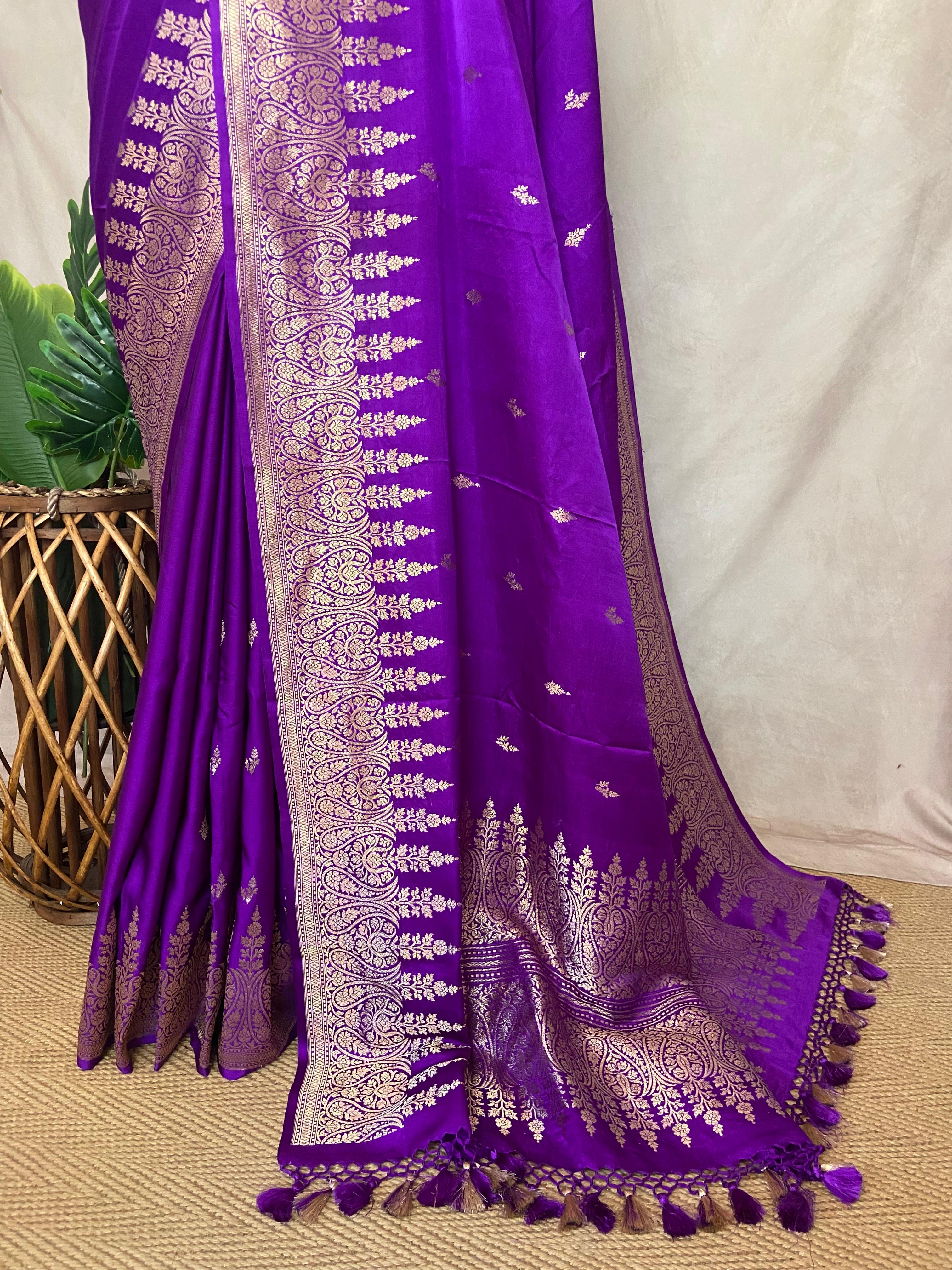 Pure Purple Mashru silk saree with stitched blouse