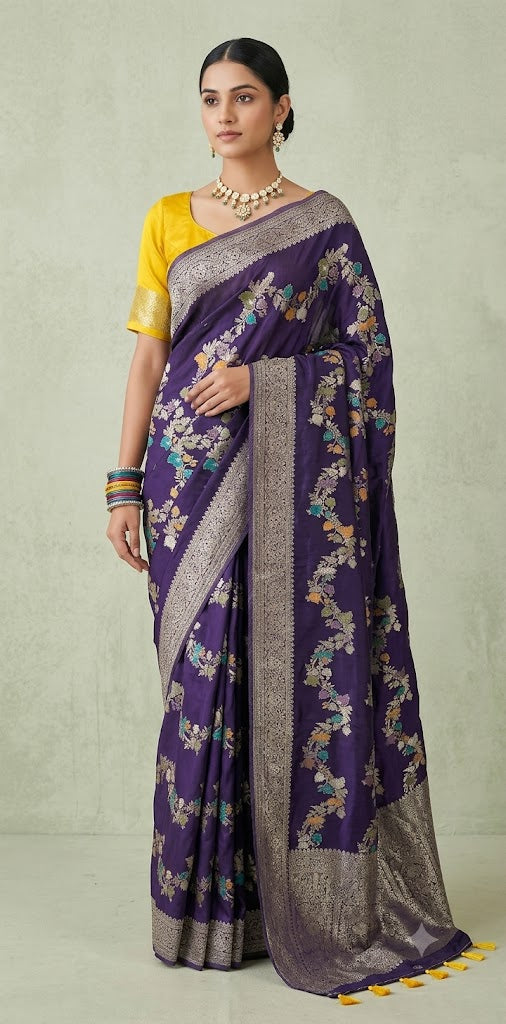 Semi crepe georgette saree with meenakari weave and contrast blouse