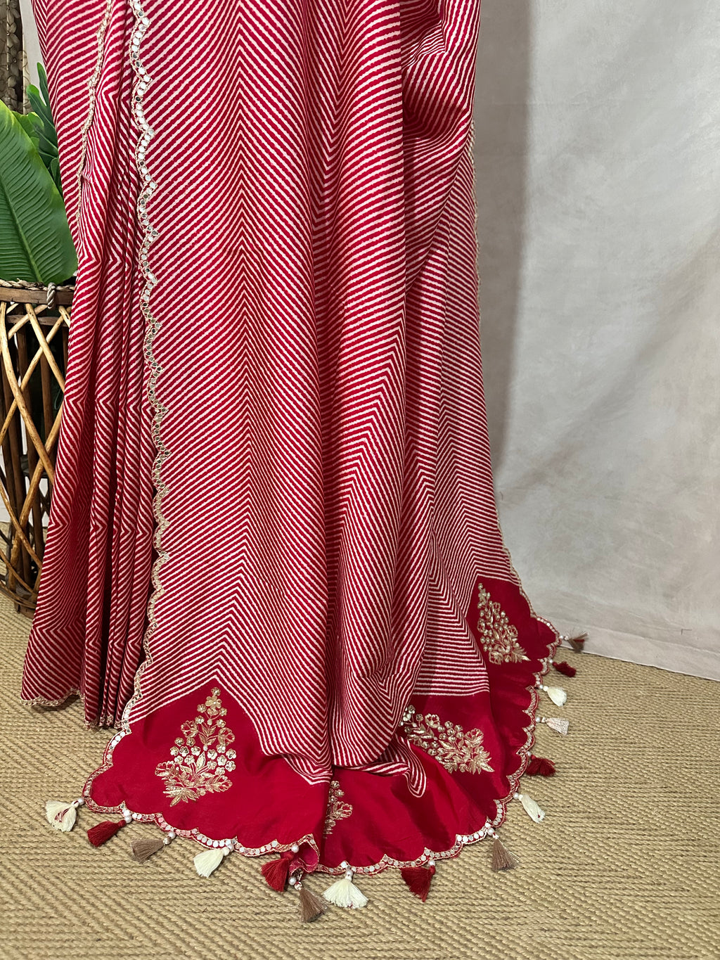 Lahariya printed tussar silk saree with handwork , stitched blouse