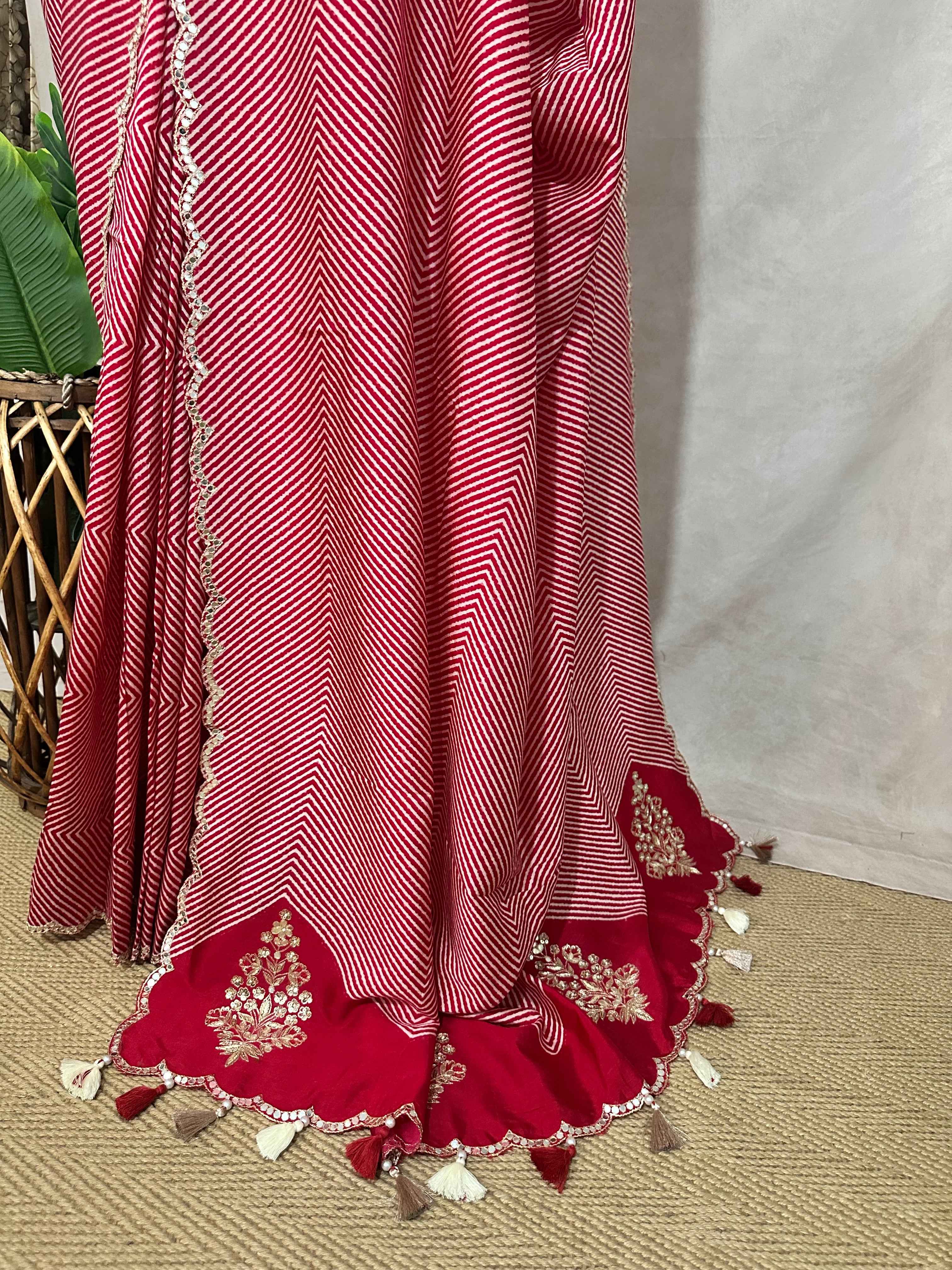Lahariya printed tussar silk saree with handwork , stitched blouse
