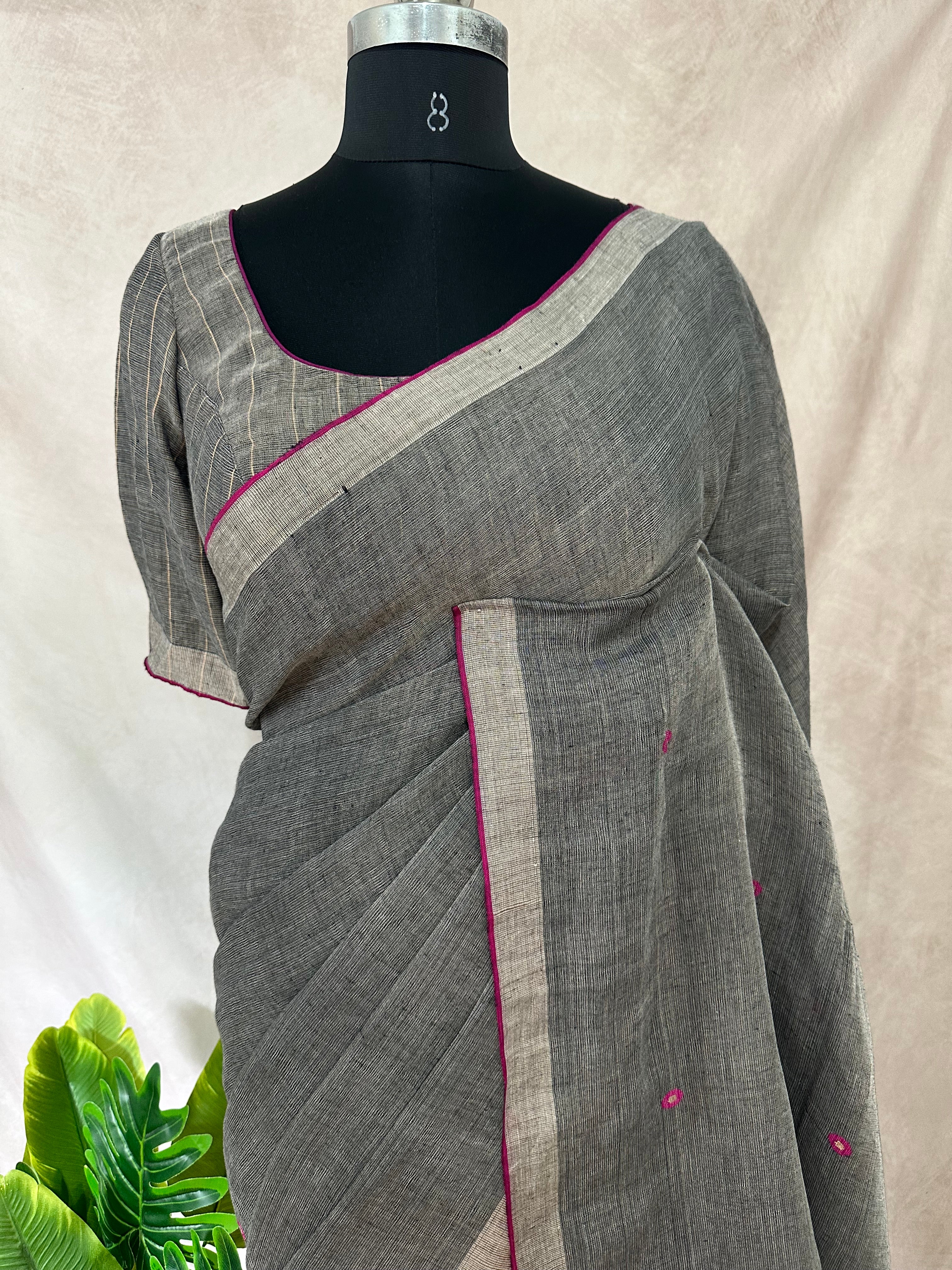 100 count tissue linen saree with hand jamdani, with stitched blouse