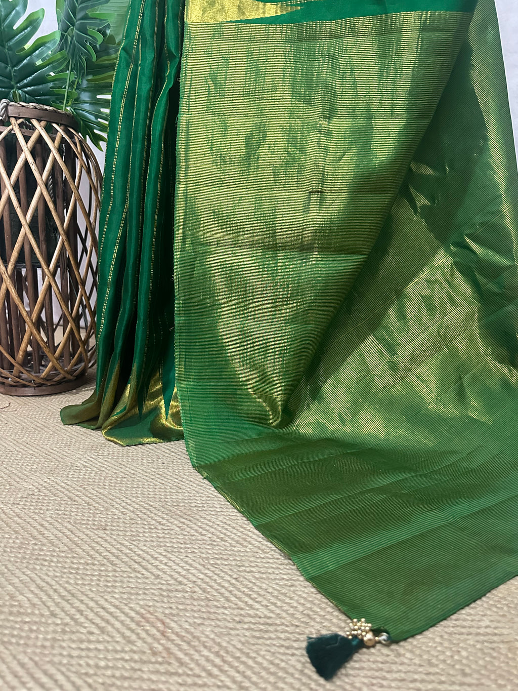 Handloom pure silk green gadwal silk saree with stitched blouse