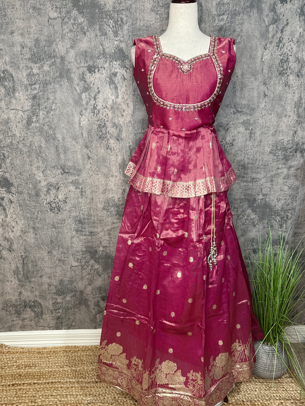 Pink tissue peplum top and banarsi skirt