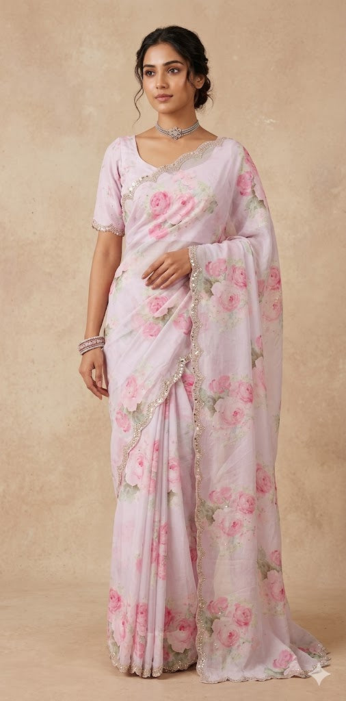 Crepe saree with sequins border , blouse and under skirt