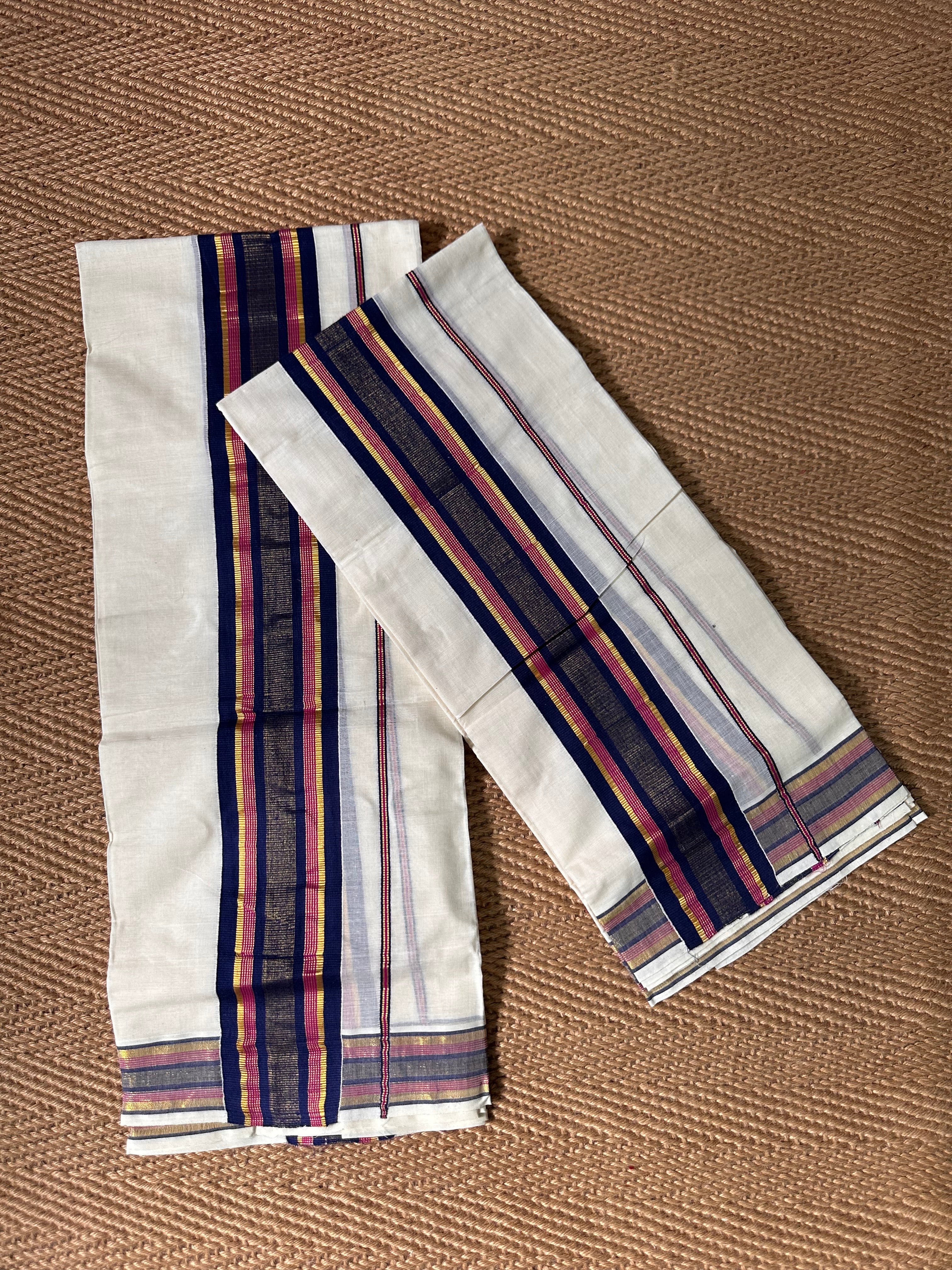 Navy blue and pink border set mundu